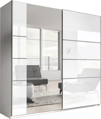 Produktbild von Furniture24 Schwebetürenschrank Berta 56, Schrank, Kleiderschrank, 2 Türiger Schlafzimmerschrank mit Spiegel, Kleiderstange und 6 Einlegeboden Weiß/Weiß Hochglanz, , 180 cm breit