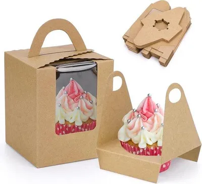 Produktbild von Karton Cupcake Box mit Fenster und Griff, Bäckerei Verpackung, 25er Pack, Braun Karton