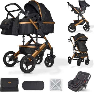 Produktbild von BRONEA® EXQUISE 2.0 Kombi-Kinderwagen 3-in-1 mit MATRATZE & AUTO-BABYSCHALE, Buggy, Wickeltasche, Regenhaube, Mücken- & Sonnenschutz - Schwarz/Gold