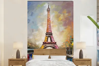 Produktbild von MuchoWow® Fototapete für Wohnzimmer oder Schlafzimmer Wandtapete Vinyl Motivtapete Eiffelturm - Ölgemälde - Paris - 195x300 cm - Das Hintergrundbild