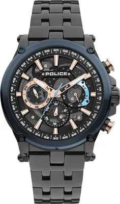 A close-up, studio shot of a men's Police brand watch.