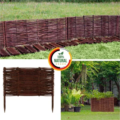 A collage showing a woven willow fence, a close-up of a single fence section, and a garden scene with plants and a planter.