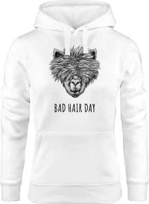 Produktbild von Damen Hoodie Lama Bad Hair day Spruch Llama Alpaka Statement Kapuzen-Pullover Moonworks® weiß XL