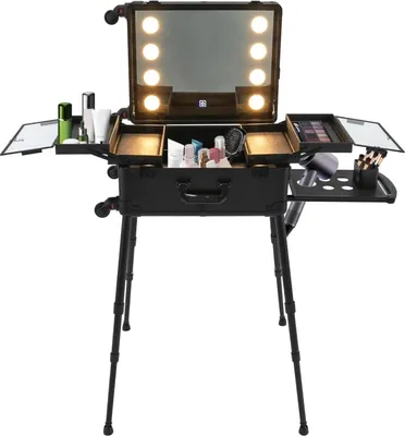 Produktbild von Schminkkoffer mit Rollen - Professioneller Make-up Trolley - Höhenverstellbare Standfüße - 8 LED-Lichter - Integrierter Spiegel - Schwarz