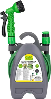 Produktbild von Kinzo Flexibler Gartenschlauch 10M – Gartenschläuche inkl. Aufsatz und Wandhalterung – Gartenschlauch mit Sprühkopf mit 7 Sprühfunktionen – Kunststoff – Grün/Grau