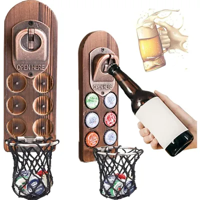 Produktbild von Wand-Flaschenöffner mit Kronkorken Sammler und Auffangbehälter, Retro-Design, für Bar Zubehör