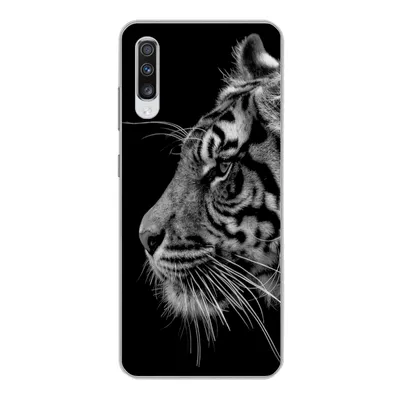 Produktbild von MuchoWow® Handyhülle Schutzhülle Hülle für Samsung Galaxy A70 Tiger auf schwarzem Hintergrund in schwarz und weiß Silikon Softcase Handy Hülle - Schutzhaube