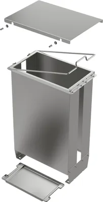 Exploded view of a trash bin system with its components separated.