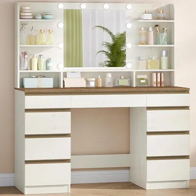 Imagen del producto de Tocador con espejo - Mesa de maquillaje - Para maquillarse - Lámparas LED regulables - 108 x 140 cm - Blanco y marrón