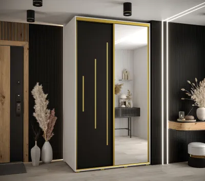 Produktbild von Kleiderschrank YVONA 13 - 130/60 cm, weiß/schwarz/gold
