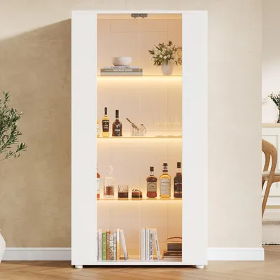 Produktbild von Merax Vitrinenschrank mit LED Beleuchtung, Glasvitrine mit 2 Glastüren und 4 Ablageflächen, Hochschrank für Wohnzimmer Esszimmer Büro, Weiß
