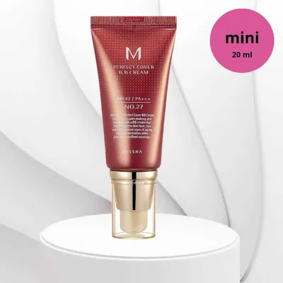 A product shot of a Missha BB cream tube on a display stand.