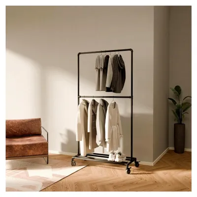 Produktbild von Kleiderständer mit Rollen – Freistehende Kleiderstange im Industrial Design 102 x 192 cm – Offener Kleiderschrank & Garderobenständer aus Metall für Schlafzimmer, Flur & Ankleidezimmer