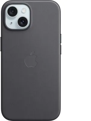 The back of a black iPhone 15 case with the Apple logo embossed in the center.