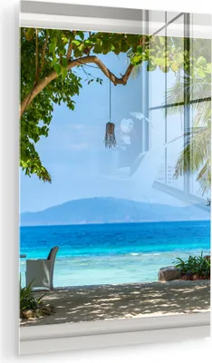 Produktbild von MuchoWow Glasbilder - Bilder auf Wandbild - Foto auf Glas Aussicht - Baum - Meer - Palme - Hügel - Strand - Blau 80x120 cm Wanddekoration aus Glas - Acrylglasbild - Acrylbilder - Die Schlafzimmer