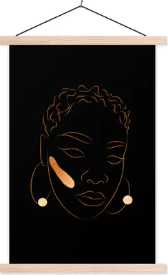 Produktbild von MuchoWow® Textilposter Frau - Schwarz - Gold - Strichzeichnung 40x60 cm mit holzfarbenen Rahmen - Poster