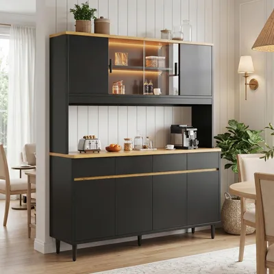 Immagine prodotto di Mobile contenitore laterale okwish con illuminazione LED colorata, pensile da cucina con scomparti multistrato e presa di corrente integrata, armadietto contenitore, colore nero