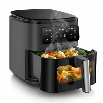 Productafbeelding van Seeger SteamFry heteluchtfriteuse, met stoomfunctie en kijkvenster, voor stoomkoken en frituren, PFAS-vrij, 8 vooraf ingestelde programma's, digitale timer, 80-200°C