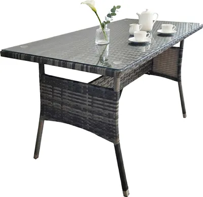 Zdjęcie produktu dla Stół ogrodowy Relaxdays, wymiary: 70 x 100 x 60 cm, odporny na warunki atmosferyczne, z polirattanu, z szklanym blatem, prostokątny stół do jadalni do ogrodu i na balkon, szary
