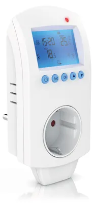 A white smart plug-in thermostat with a digital display and an electrical socket.