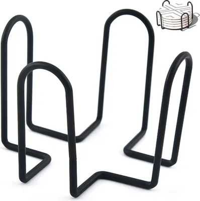 Obrázek produktu pro Černý kovaný držák na kulaté a čtvercové podtácky, vhodný pro různé velikosti a tvary, čtyřramenný, kovaný design