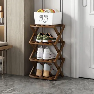 Immagine prodotto di Scaffale pieghevole per scarpe in bambù, 4 livelli, marrone, salvaspazio, verticale