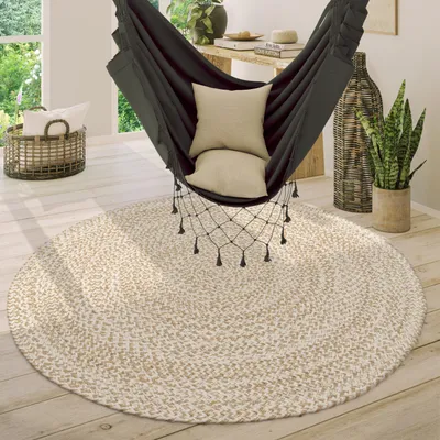 Image de Tapis rond Salon Jute Boho Ethno Motif Moderne Fait main Tapis Naturel Taille 80 cm Rond