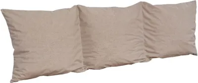Three beige cushions lined up horizontally against a white background.