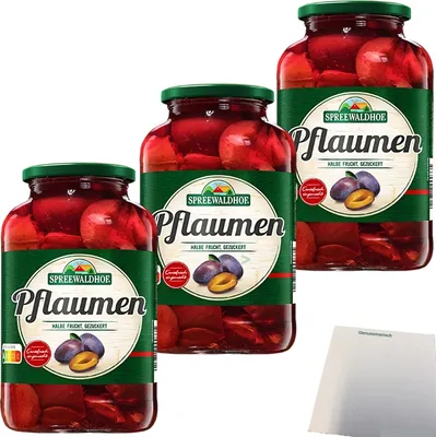 Produktbild von Spreewaldhof Pflaumen halbe Frucht 3er Pack (3x680g Glas) + usy Block