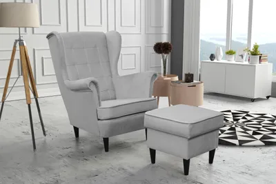 Obrázek produktu pro Kaiser Möbel Elegantní set, dřevěný rám, sada křídlových židlí + podnožka, látka Velutti šedá
