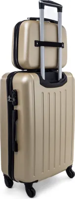 A champagne-colored luggage set consisting of a larger suitcase and a smaller cosmetic case stacked on top, against a white background.