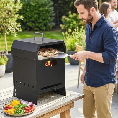 Produktbild von Pizzaofen 3-in-1 Holzbefeuert Outdoor, Backofen mit Pizzastein 2 Ebenen, Edelstahl, Schwarz | 40 x 37,5 x 53,5 cm | 11,5 kg