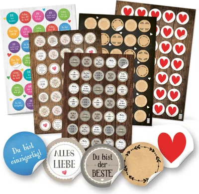 Produktbild von 5 x 35 Aufkleber rund 3,2 cm mit Sprüchen Herzen Glückwünschen - Sticker zum Basteln