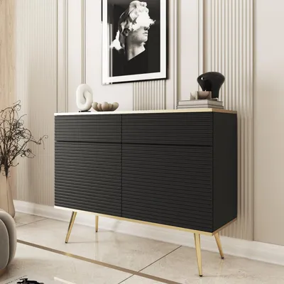 Productafbeelding van Kommode FORNO, zwart, met geribbelde voorkant, Glamour Art Deco stijl, 107 cm hoog, met gouden poten