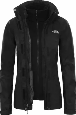 A black North Face jacket shown from the front with the inner fleece layer visible.