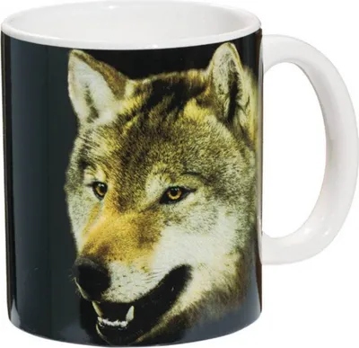 Produktbild von Tasse grauer Wolf auf schwarzem Hintergrund