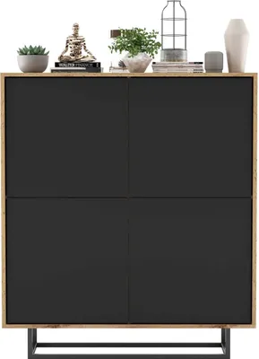 A modern sideboard with decorative items on top.