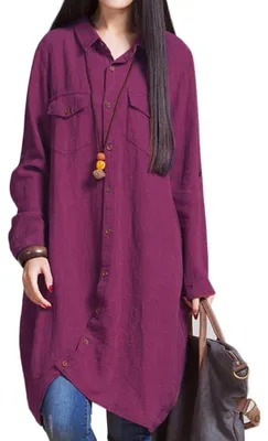 Produktbild von Neue Frauen-Baumwollleinen lange Bluse unregelmäßiger Rand Buttons lose beiläufige Weinlese-Spitzen-Hemd-Kleid-Weiß / Violett / Dunkelblau