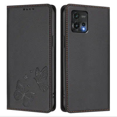 Obrázek produktu pro Kožené pouzdro pro Motorola Moto G72, motýlí ražbou, peněženkové flip pouzdro se stojánkem Černá