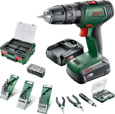 Immagine prodotto di Avvitatore a percussione a batteria UniversalImpact 18V, 1 batteria da 1,5Ah, 1 batteria da 2,5Ah, set di accessori da 46 pezzi, caricabatteria AL18V-20, valigetta di sistema S