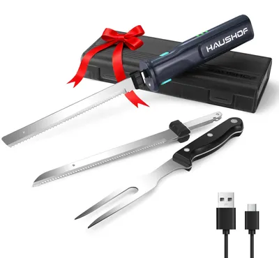 Produktbild von HAUSHOF Elektromesser, Kabelloses Küchenmesser mit 2 Edelstahlklingen, Elektrisc