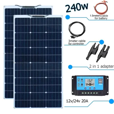 Productafbeelding van Zonnepaneel set 240W met 12V controller - Waterdicht fotovoltaïsch systeem voor camper, boot en tuin