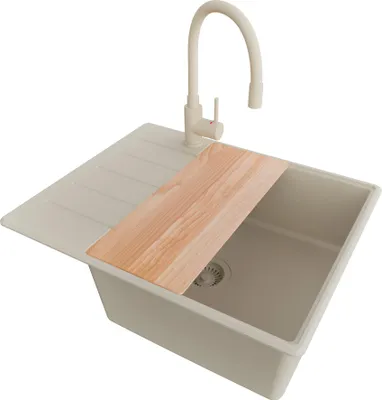 Produktbild von PRIMAGRAN Granitspüle Beige 62x50cm, Spülbecken 1 Becken + Küchenarmatur 38x14cm + Ablauf-Set + Schneidebrett, Küchenspüle ab 50er Unterschrank - Kopenhagen