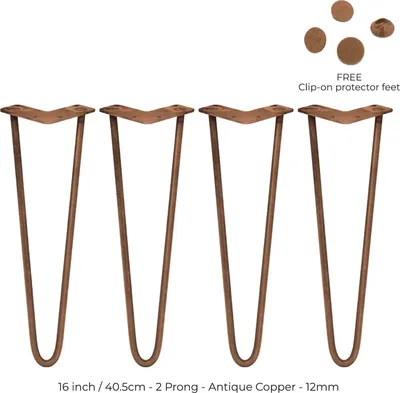 Productafbeelding van 4 x Haarspeldpoten, 40,6 cm, 2 staven, tafelpoten, meubelpoten, koper