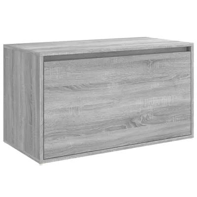 A gray wooden shoe cabinet is shown against a white background.