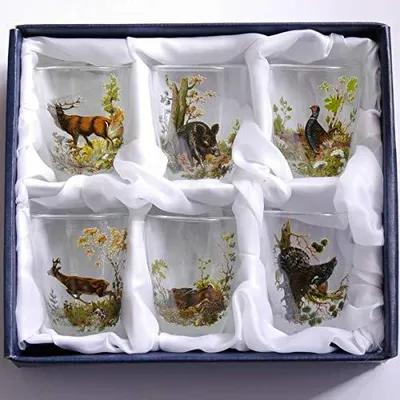6 Schnapsgläser mit Jagdmotiv, 2 cl, im Geschenkkarton