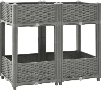 A grey, two-tiered raised garden bed with a woven texture, shown against a white background.
