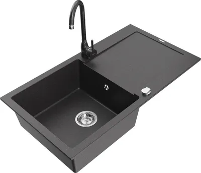 Produktbild von Mexen Leo 1 Becken-Granitspüle mit Abtropffläche und Mischbatterie Telma, Schwarz gesprenkelt - 6501-76-670200-76