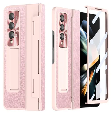 Obrázek produktu pro Galaxy Z Fold3 Pouzdro, Ochrana Displeje a Objektivu, Litschi Stojánkové Pouzdro pro Samsung Galaxy Z Fold 3 5G Růžový