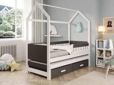 Obrázek produktu pro Dětská domečková postel s přistýlkou 90x200 KALNIA - bílá / antracit